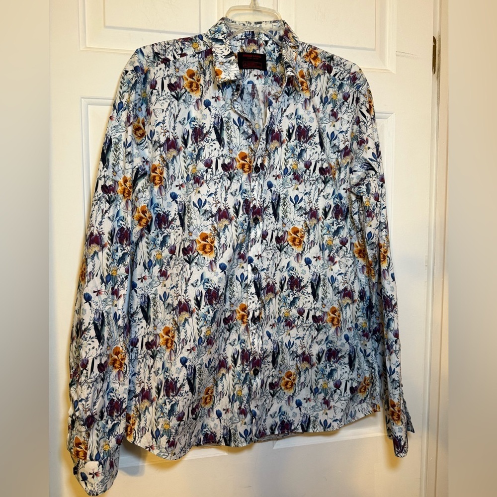 Jared Lang After Hours Slim Fit Bold Floral Button Up Shirt Large Blues Purples